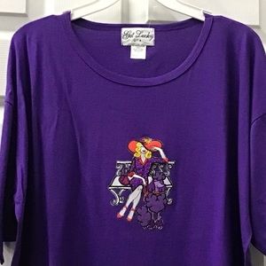 Plus size purple shirt Get Lucky lady red hat poodle on bench appliqué